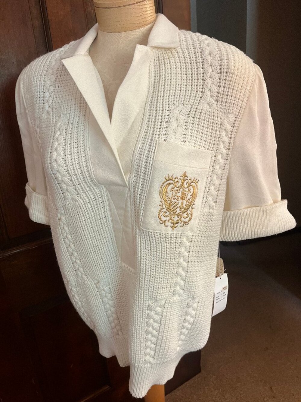 Vintage NWT Side Effects Ivory Cable Knit Polo Sweater Size M